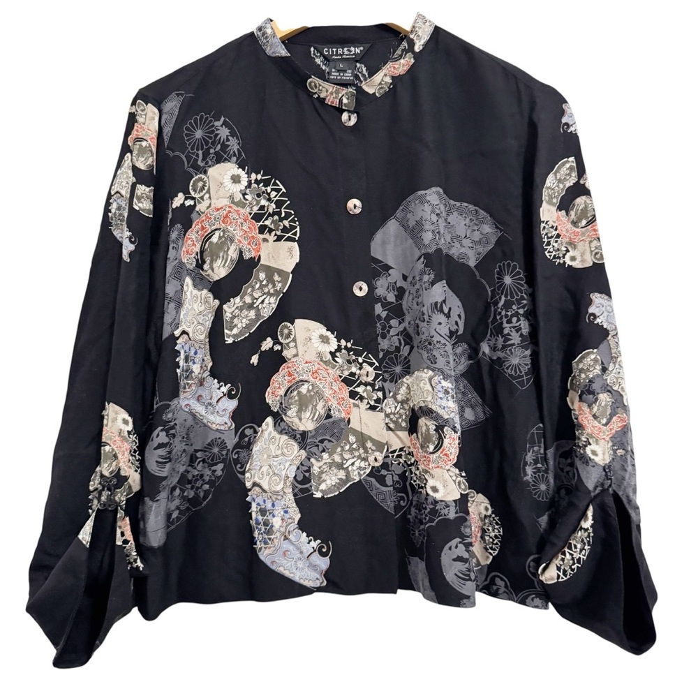 Citron Santa Monica Asian Inspired Royal Silk Blouse Large